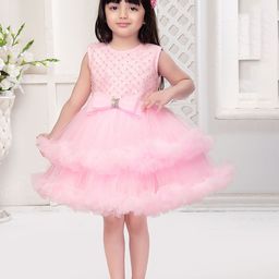 Ministitch Girls Self Design Embellished Round Neck Fit & Flare Dress With Bow-image-65