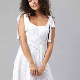 ANAI Shoulder Straps Schiffli Fit & Flare Cotton Dress-image-30