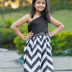 Fairies Forever Girls Chevron Printed One Shoulder Belted Pure Cotton Fit & Flare Dress-picture-15