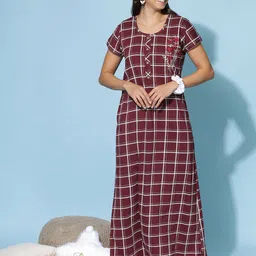 9shines Label Checked Round Neck Pure Cotton Maxi Nightdress-78