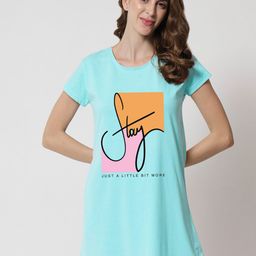 FFLIRTYGO women Turquoise Blue Printed Nightdress-image-50