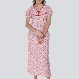 CIERGE Women Red Printed Pure Cotton Maxi Nightdress-image-80