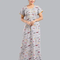 FOMTI Typography Printed Thread Work Detail Pure Cotton Maxi Nightdress-picture-34