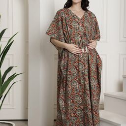Secret Wish Floral Printed V-Neck Pure Cotton Maternity Kaftan Nightdress-image-97