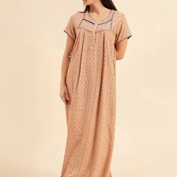 Sweet Dreams Cream-Coloured Printed Pure Cotton Maxi Nightdress-image-68