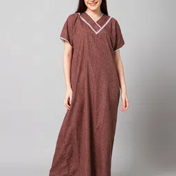 Winza Designer Abstract Printed V-Neck Pure Cotton Maxi Nightdress-image-46
