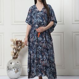 Secret Wish Printed V Neck Maxi Maternity Kaftan Nightdress-image-55