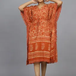 HANDICRAFT PALACE Women Hand Block Printed Pure Cotton Kaftan Swim Cover-Up Dress-image-24