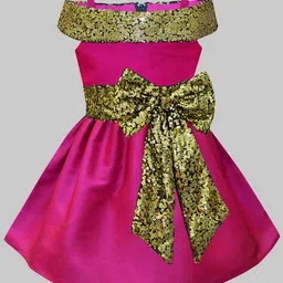 A T U N Girls Fuchsia & Gold Off shoulder Party Dress-picture-17