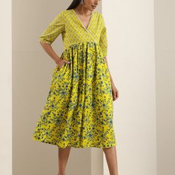 indy Raaga Floral Print V-Neck Cotton Empire Dress-image-19