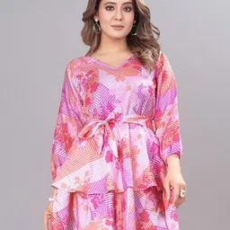 FABDYOR Abstract Printed Belted Layered Satin Fit & Flare Dress-image-1