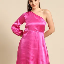 DODO & MOA Pink One Shoulder Fit And Flare Dress-37