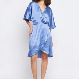 Color Cocktail V Neck Flared Sleeve Wrap Satin Dress-image-75