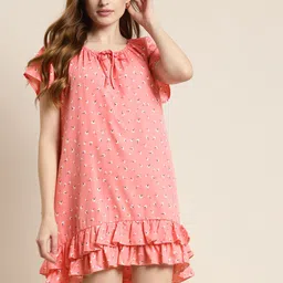 Qurvii Pink & White Floral Print Tie-Up Neck Shift Dress-image-75