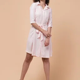 BAESD Striped Shirt Collar Three-Quarter Sleeves Shirt Casual Dress-image-10