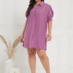CURVE BY KASSUALLY Mauve Shirt Collar Puff Sleeves Smocked A-Line Dress-68