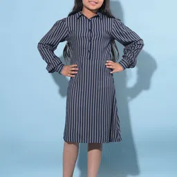 Crimsoune Club Girls Striped Shirt Collar Cuffed Sleeves Cotton Straight Shirt Dress-picture-7
