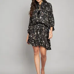Amagyaa Floral Print Tie-Up Neck Shirt Dress-image-13
