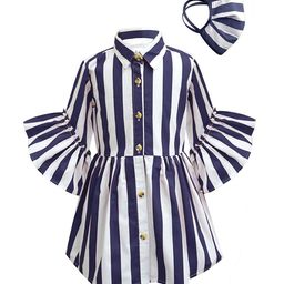A T U N Girls Navy Blue & White Striped Pure Cotton Shirt Dress-image-59