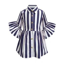 A T U N Kids Girls Navy Blue & White Striped Shirt Dress-picture-46
