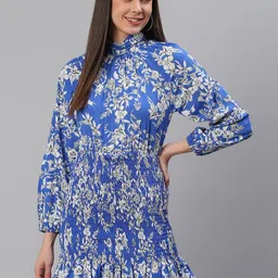 BAESD Floral Print High Neck Puff Sleeves Smocked Crepe Sheath Dress-image-9