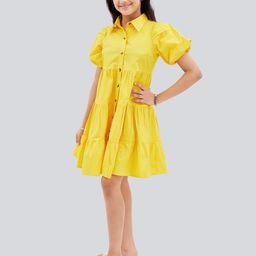 Olele Girls Lucy Shirt Collar Flared Sleeves Gathered & Tiered Cotton Shirt Dress-picture-38