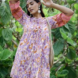 Athena Lavender Floral Tie-Up Neck Crepe A-Line Dress-22