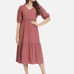 BAESD V-Neck Puff Sleeves Gathered Tiered A-Line Midi Dress-image-87