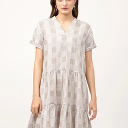 ELLE Grey & Beige Checked Cotton Drop-Waist Dress-image-24