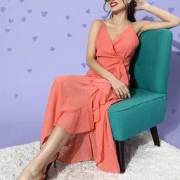 Berrylush Women Attractive Peach Self-Design Dobby Weave Dress-image-87