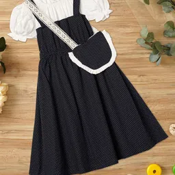 ZION Girls Polka Dot Printed Puffed Sleeves Cotton Pinafore Dress-23