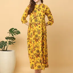 KALINI Mustard Yellow Floral Print A-Line Three-Quarter Dress-image-75