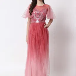 VAANI CREATION Pink Embellished Net Flutter Sleeves Maxi Dress-image-35