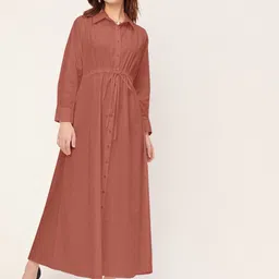 Moomaya Shirt Collar Long Cuffed Sleeves Flared Maxi Dress-picture-17