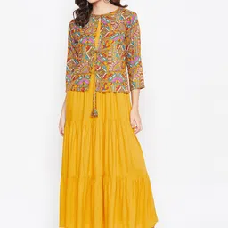 HELLO DESIGN Mustard Yellow & Red Floral Layered Ethnic Maxi Dress-15