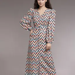 KASSUALLY Printed V-Neck Puff Sleeves A-Line Dress-image-86