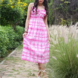 Sera Pink Tie and Dyed Sweetheart Neck Tie-Ups Detail Fit & Flare Dress-image-12