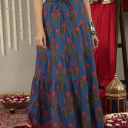 Varanga Blue & Pink Printed Flared Maxi Dress-picture-18