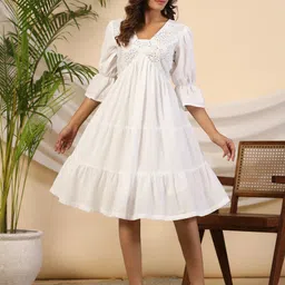 Juniper V-Neck Cuffed Sleeves Layered Midi A-Line Cotton Dress-image-66