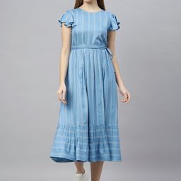 FLAMBOYANT Women Blue & White Striped Round Neck A-Line Dress-image-11