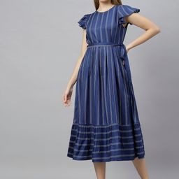 FLAMBOYANT Women Blue & White Striped Round Neck A-line Dress-image-12