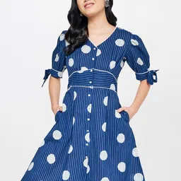 Global Desi Striped Tie-Up Detail Puff Sleeves Pure Cotton A-Line Dress-image-21