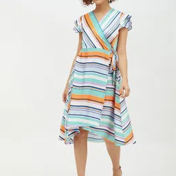 StyleStone Multicoloured Striped Satin Midi Dress-6