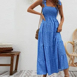 JC Mode Women Polka Dot Printed Smocked Shoulder StrapsFit and Flare Maxi Dress-image-47