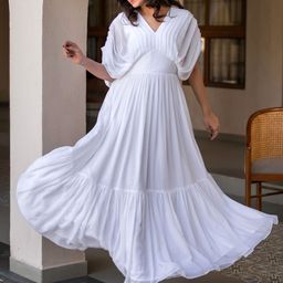 Label Shaurya Sanadhya V-Neck Short Sleeves Flared Georgette Maxi Layered Dress-image-13
