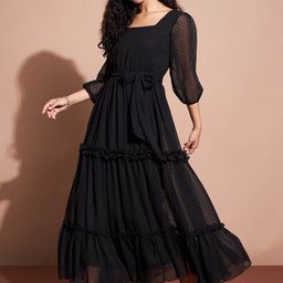 Deewa Square Neck Puff Sleeves Tiered Ruffled Georgette Maxi Dress-image-51