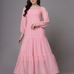 aayu Self Design Square Neck Puff Sleeve Smocked Tiered Georgette Maxi Dress-picture-8