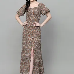 aayu Floral Printed Square Neck Puff Sleeves Smocked Detailed Maxi Dress-image-69