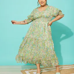 QUIERO MAS Plus Size Floral Printed Cuffed Sleeves Georgette Tiered Maxi Dress-picture-22