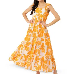 DressBerry Yellow Floral Printed Flutter Sleeves Georgette Tiered Gathered Maxi Dress-picture-11